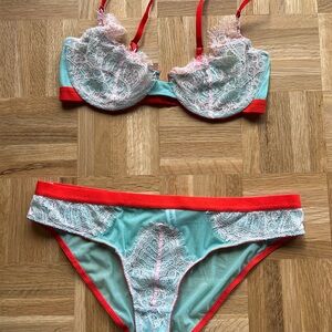 Dora Larson Aqua & Coral Lace Bra and Panty Set